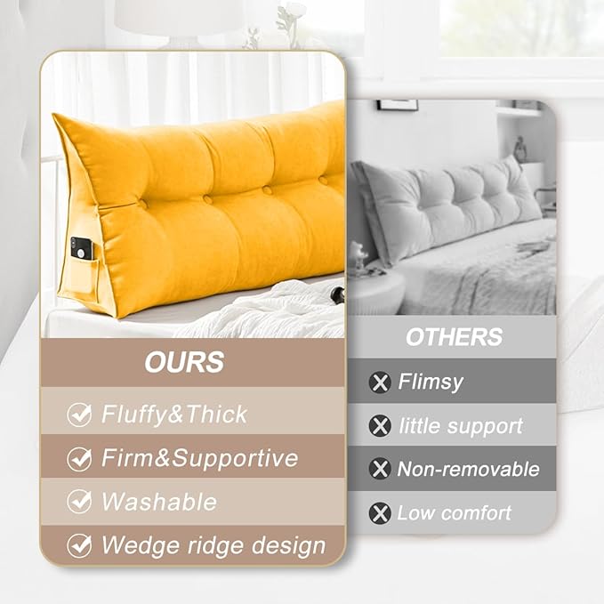 Large Triangular Headboard Pillows Long Backrest Positioning Support Bolster Cushion for Daybed Fluffy Quality Plush Body Wedge Pillow with Removable Cover(Light yellow-King-76x8x20in)