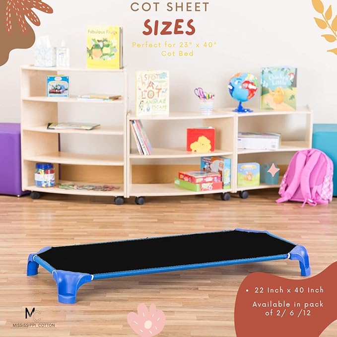 Pack of 6 Cot Sheet for Daycare Preschool Cot Bed -Polyblend Fabric with Corner Elastic Cots Sheets Fits On 22" X 40" Inches Size Toddler and Preschool Daycare Cot Black 22 X 40 Size