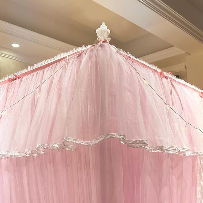 Mengersi Canopy Bed Curtains with Lights,4 Corner Bed Canopy Royal Luxurious Bed Drapes Netting,Princess Bed Curtains for Girls Adults Bedroom Decoration (Pink, Full)