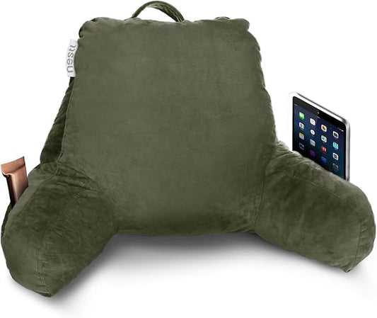 Nestl Reading Pillow for Kids, Small Bed Pillow, Back Pillow for Sitting in Bed, Memory Foam Chair Pillow, Reading & Bed Rest Pillows, Olive Green Back Pillow for Bed, Arm Pillow with Pockets