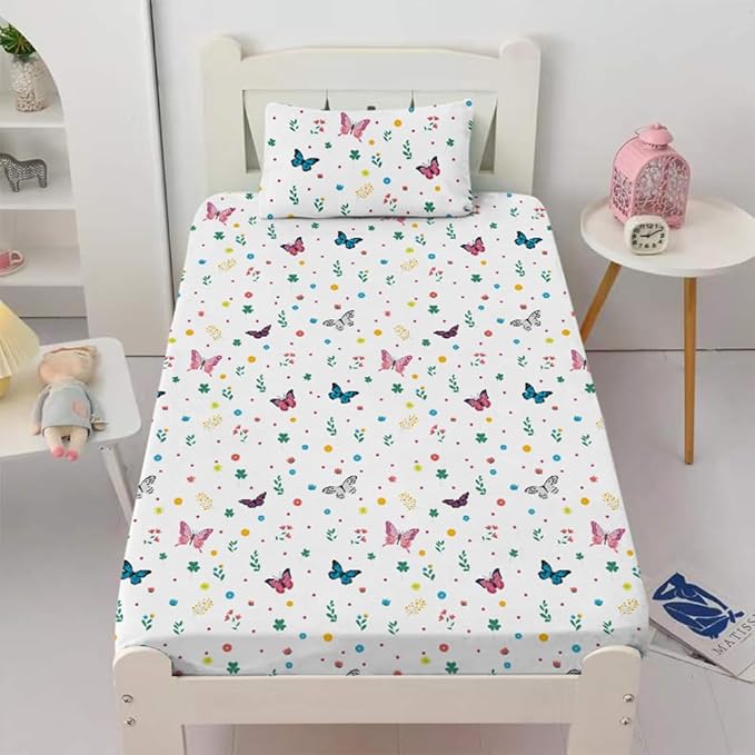 Girls Butterfly Fitted Sheet Set for Kids Teens Colorful Flowers Bed Sheet Queen Size 3D Print Dreaming Style Sheet Set 3 Piece