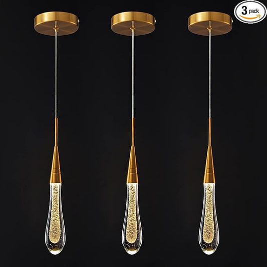 LMQNINE Kitchen Light Fixtures Ceiling Dimmable LED Modern Gold Pendant Light Mini Teardrop Crystal Pendant Light for Kitchen Island Bedroom Hallway Entryway (3-Pack) (020-3)
