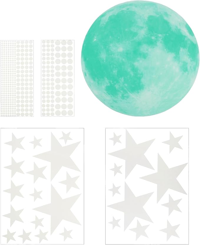 uxcell 1 Set Glow in The Dark Ceiling Star Stickers, Moon and Stars Wall Decals, Glowing Star Decal Decoration for Bedroom, 300mm Cyan Moon