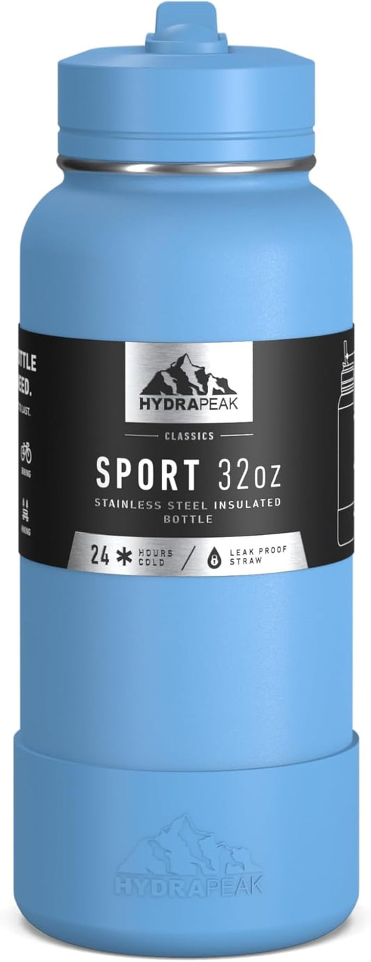 Hydrapeak 32oz Sport Insulated Water Bottle with Straw or Chug Lid, Leak & Spill Proof, Keeps Drinks Cold for 24 Hours, Hot for 12 Hours, Premium Stainless Steel Water Bottles (32oz, Maya)