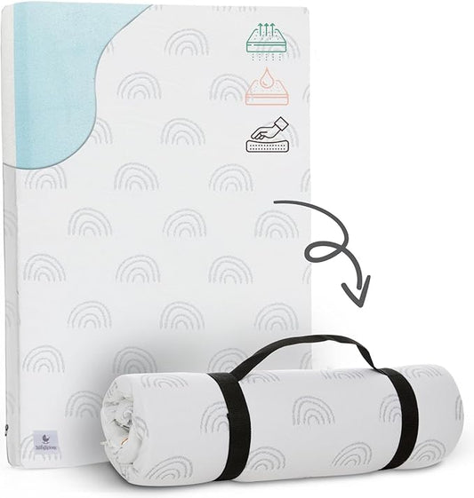 Waterproof Pack and Play Mattress Topper - 38" x 26" | Roll Up Style - Breathable Soft Memory Foam - Portable Playard Mattress Topper- Baby Foam Playpen Mattresses for Babies - Boho Design