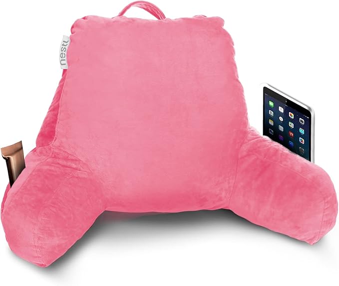 Nestl Reading Pillow for Kids, Small Bed Pillow, Back Pillow for Sitting in Bed, Memory Foam Chair Pillow, Reading & Bed Rest Pillows, Light Pink Back Pillow for Bed, Arm Pillow with Pockets