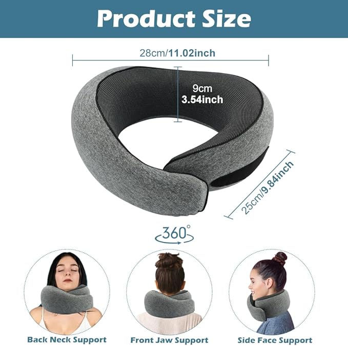 Travel Pillow Neck Pillows Pure Memory Foam Neck Pillow with 3D Eye Masks and Earplugs 360° Adjustable Full Surrounding Neck Pillows for Airplanes, Cars, Offices (Grey)