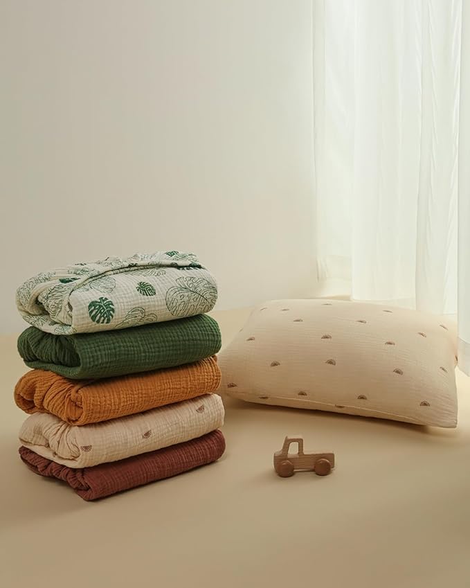 Blissful Diary Muslin Mini Crib Sheets, Pack and Play Mattress Sheets Fitted for Pack N Play, Soft Cotton for Boys Girls, 2 Pack(Monstera&Dark Green)