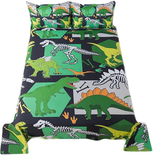 qjmiaofang Dinosaur Sheets Full Size for Boys Dinosaur Sheet Set 4Pieces Ancient Dinosaur Flat Sheet Set T-Rex Flat Sheet Animals Printed Dinosaur Bed Sheet 1 Fitted Sheet 1 Flat Sheet 2 Pillowcases