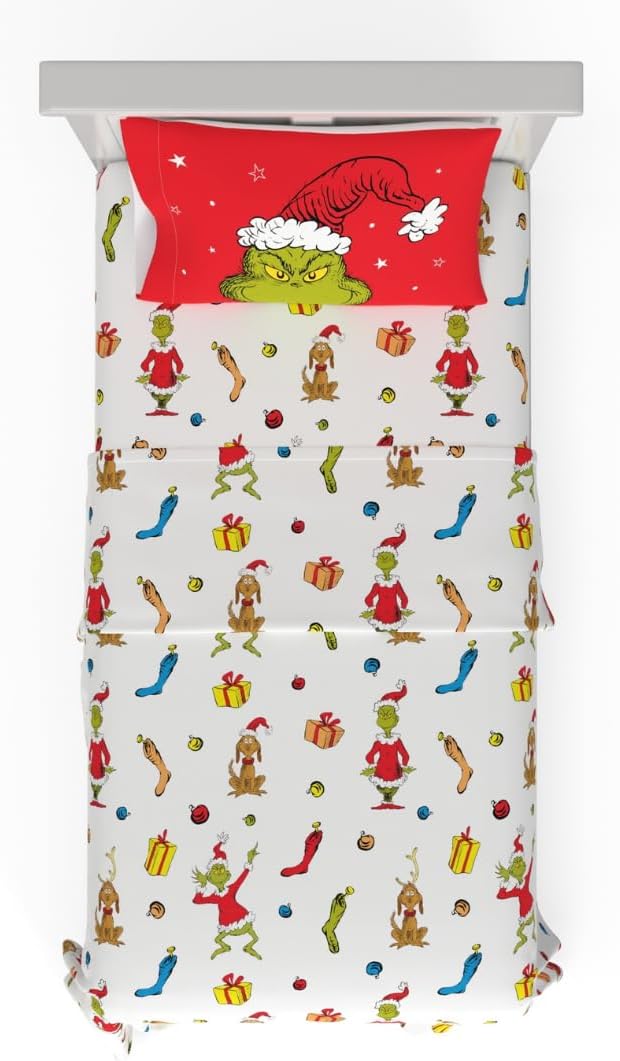 Franco Collectibles Dr. Seuss The Grinch Holiday & Christmas Bedding Super Soft Microfiber 3 Piece Twin Sheet Set, (Officially Licensed Product)