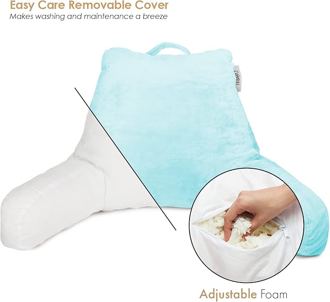 Nestl Reading Pillow Standard Bed Pillow, Back Pillow for Sitting in Bed Shredded Memory Foam Chair Pillow, Reading & Bed Rest Pillows Light Blue Back Pillow for Bed, Bed Chair Arm Pillow with Pockets