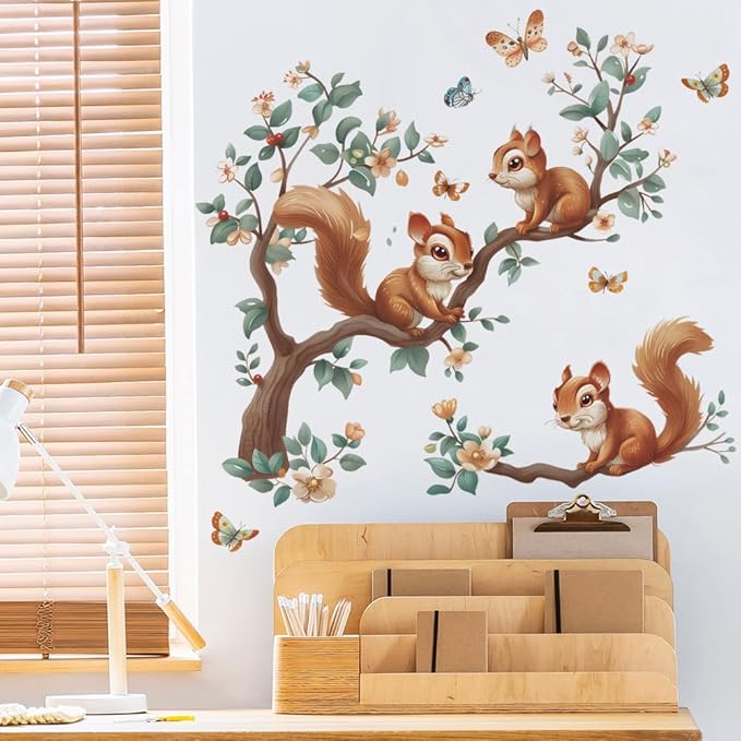 Squirrel Wall Decals Tree Branch Butterfly Wall Stickers Peel and Stick Wall Art Decals for Nursery Classroom Bedroom Office Living Room Decor (Squirrel)