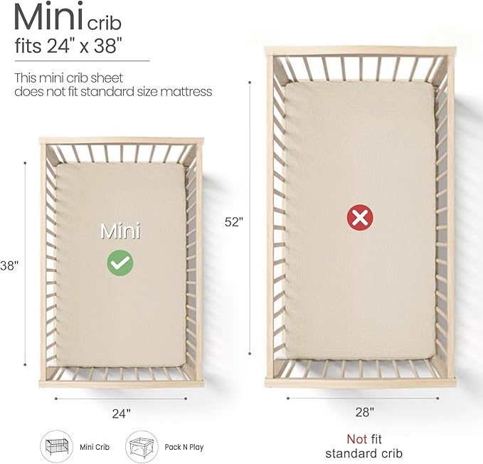 Mini Crib Sheets Muslin: Pack and Play Sheets for Boys and Girls - Cotton Fitted Crib Sheet for Pack N Play Mattress and Playard 2Pack 24"x38"