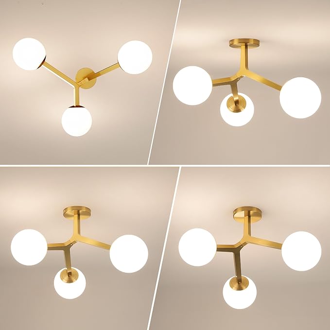 Semi Flush Mount Ceiling Light Fixture 3-Light Modern Gold Sputnik Chandelier with Globe Milky Frosted Glass Shade E12 Sputnik Ceiling Light for Kitchen, Hallway Light Fixtures Ceiling