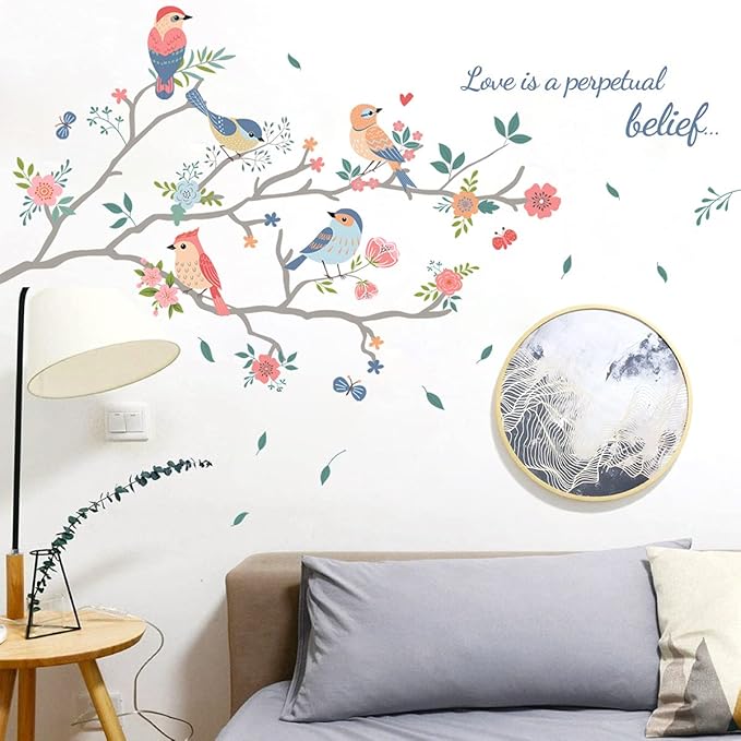Cartoon Birds on The Tree Branch Wall Sticker Green Leaf and Flying Bird Wall Sticker DIY Art Vinyl Wall Decal Decoration for Garden Living Room Bedroom Kitchen Playroom Nursery Room