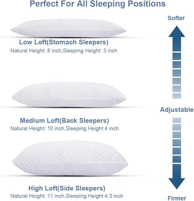 Shredded Memory Foam Pillows for Sleeping 2 Pack - Cooling Bed Pillows Standard Size Set of 2 - Medium Frim Gel Pillows for Side & Back Sleeper with Washable Removable Cover