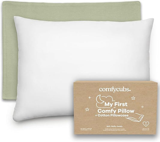 Comfy Cubs Toddler Pillow with Soft Cotton Pillowcase, 13"x18", Sage - Kids Pillow for Sleeping & Travel - Adorable & Comfortable Small Pillow - Kids Travel Pillow with Breathable Microfiber Fill