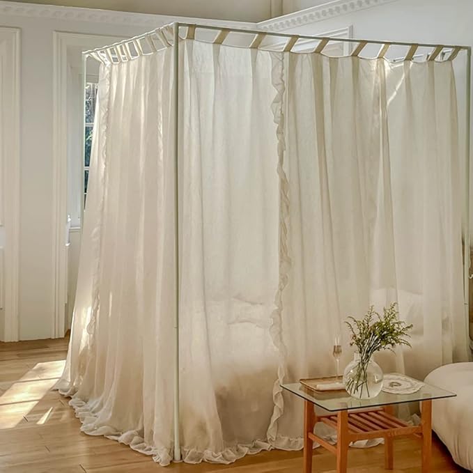 Mengersi Linen Canopy Bed Curtains,Bed Canopy Curtains Bed Drapes Sheer Curtains for Bedroom Decor (Ivory, Full)