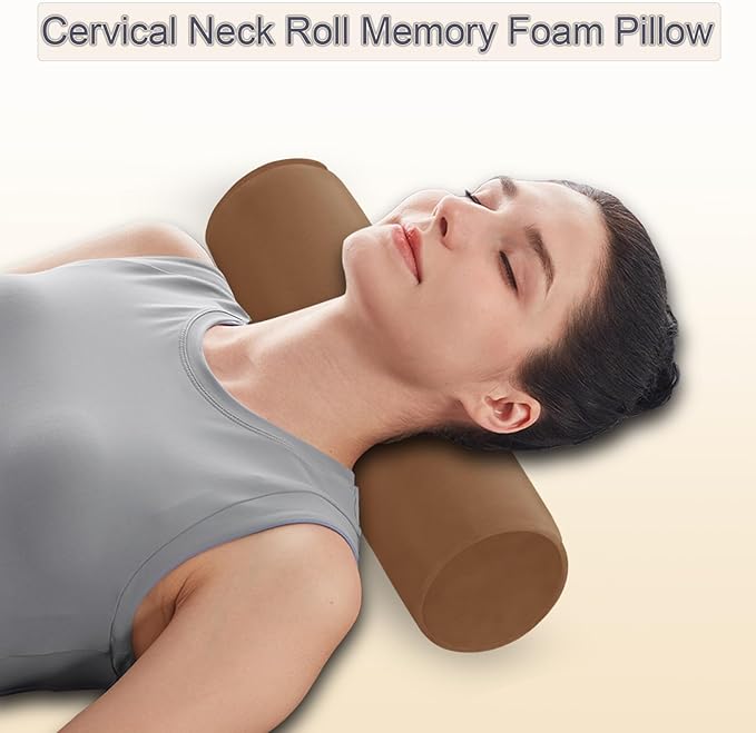Round Cervical Roll Cylinder Bolster Pillow, 4" x 17" Orthopedic Cervical Roll Memory Foam Ergonomically Pillow forBed， Car, Office and Home Use，with Washable Cover (Coffee)