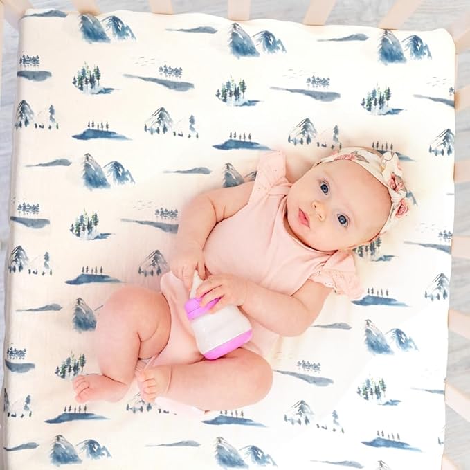 4 Pack Fitted Pack N Play Sheets for Baby Boys Neutral Unisex Breathable Soft Toddler Mini Crib Sheets for Pack and Play Mattress (Mountain)