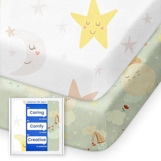 Cloud-Like Soft Pack N Play Sheets - Compatible with Graco, 4moms, Dream On Me, Baby Trend and Other 27 X 39/24 X 38 Inch Playard Mattress Pad, Jersey Knit Cotton, 2 Pack (Planet & Moon)