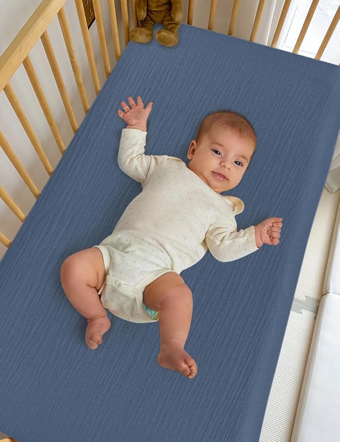 Dusty Blue Muslin Bassinet Sheets Boy, Cotton Bassinet Mattress Sheet 32"x16" for Rectangle, Oval, Hourglass Bassinet Mattress, Moses Basket Sheets (46B-09)