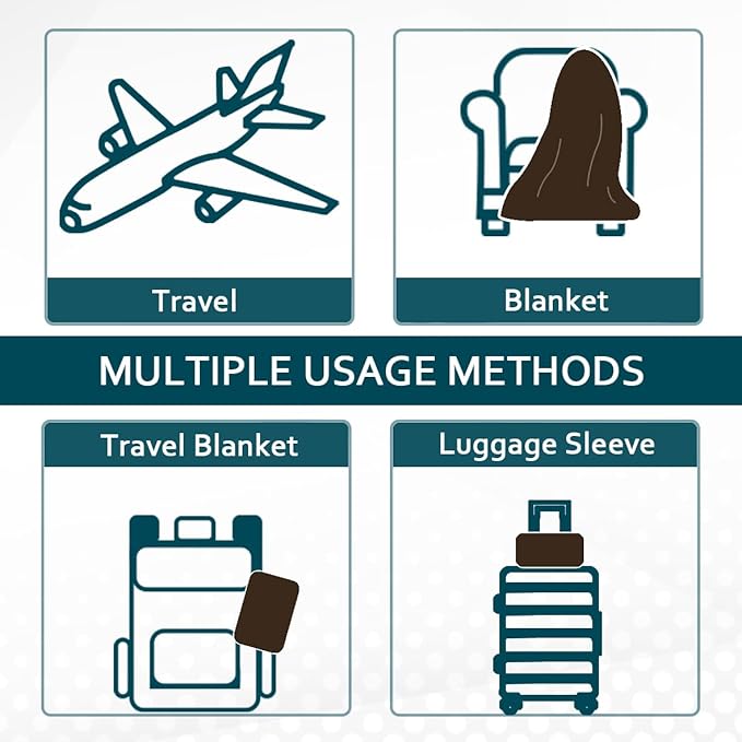 Vessia Travel Blanket for Airplane, Train and Car, Warm and Soft Travel Blanket in Bag for Adults and Kids, Portable Compact Long Flight Blanket with Luggage Sleeve, Backpack Clip(Brown)