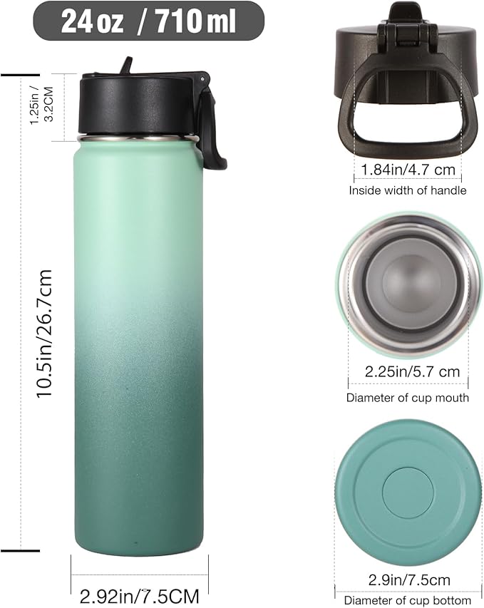 Volhoply 24oz Insulated Water Bottle With Straw Bulk 3 Pack,Metal Wide Mouth Water Bottles With Handle Lid Keep Cold,Reusable Double Wall Thermos,Powder Coated Sport Bottle For Holder(Mojito,3 Count)