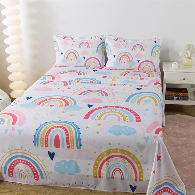 qjmiaofang Girls Rainbow Fitted Sheet Full Size Rainbow Sheets 4pieces Cartoon Cloud Bedding Set Girly Rainbow Bed Sheet Set Stars Sheet Set 1 Fitted Sheet 1 Flat Sheet 2 Pillowcase for Home