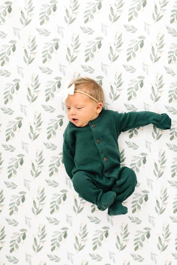 TotAha Premium Stretchy Pack N Play Playard Sheets | Mini Crib Sheets (2-Pack) -Hypoallergenic, Silky Comfort, Buttery Soft, Calming Effect, All-Season Jersey-Knit (Pink Buds & Green Leaves)