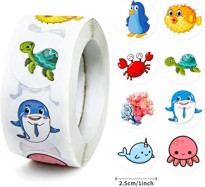 4 Roll/500 PCS Animal Stickers Ocean Animal Stickers School Supplies Incentives Roll Sticker Animal Party Favor Stickers