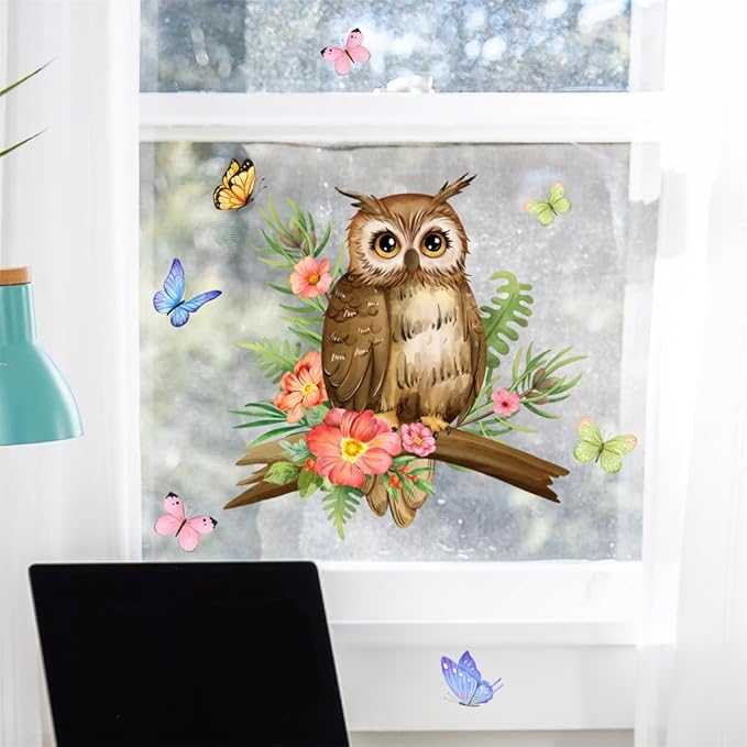 Owl On A Branch Wall Decal Butterfly Flower Wall Stickers Peel and Stick Living Room Bedroom Bathroom Kitchen Nursery Window Glass Decorative Art Murals 11.8in*11.8in