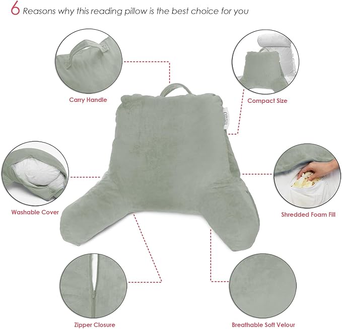 Nestl Reading Pillow for Kids, Small Bed Pillow, Back Pillow for Sitting in Bed, Memory Foam Chair Pillow, Reading & Bed Rest Pillows, Sage Green Back Pillow for Bed, Arm Pillow with Pockets