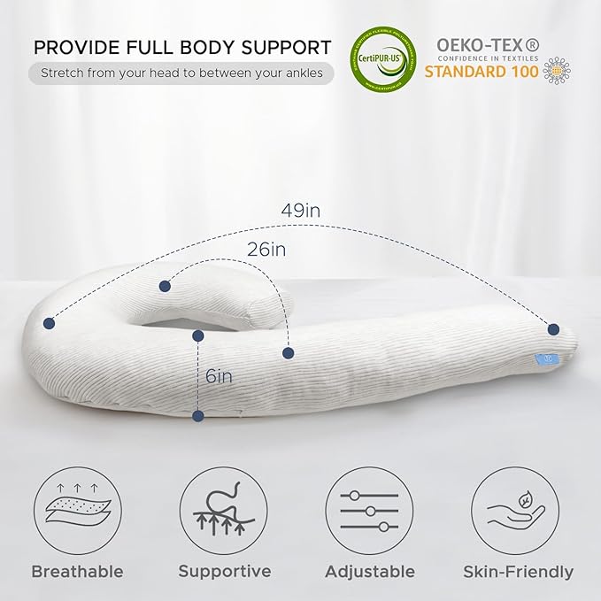 Body Pillow for Adults - Soft Long Bed Pillows Insert for Sleeping - Shredded Memory Foam and Removable Washable Cover - Swan Shaped Side Sleeper Pregnancy Pillow 49 Inch (Grey)