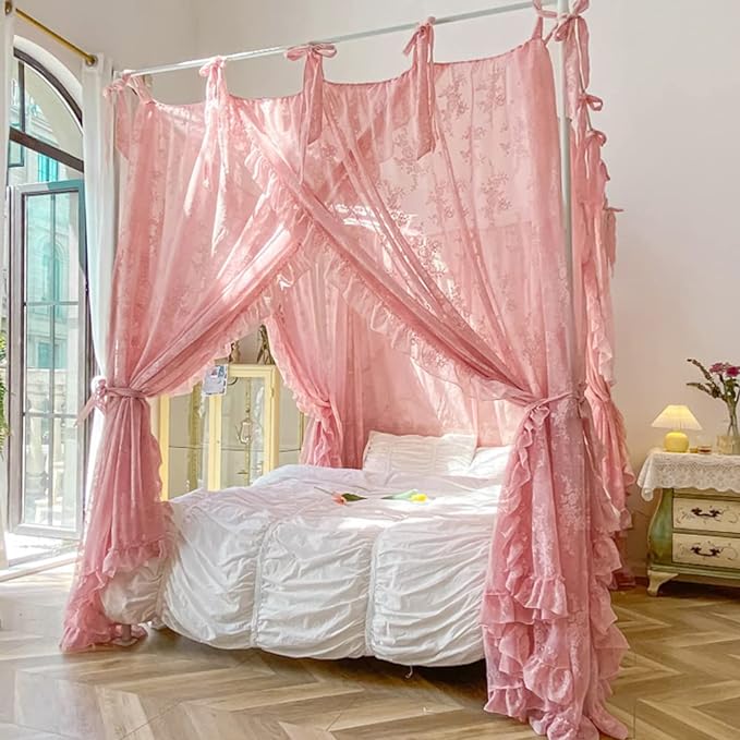 Mengersi Canopy Bed Curtains with Tie Backs,Princess Bed Canopy Curtains Bed Drapes Sheer Curtains for Bedroom Decor（Twin,Pink