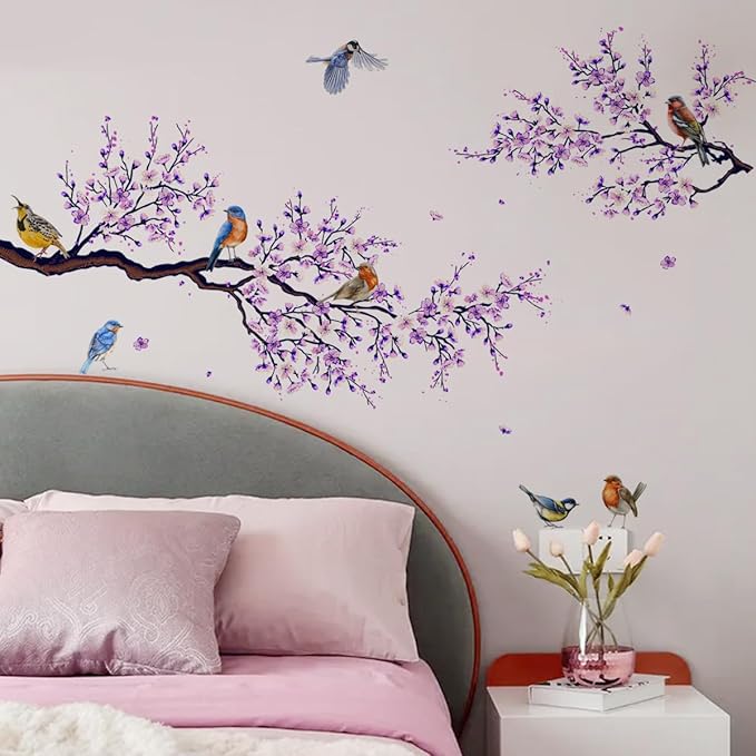 Birds On Tree Wall Decals Purple Flower Wall Stickers Colorful Birds Decals DIY Removable Colorful Flying Bird Tree Wall Art Decor for Kids Baby Bedroom Living Room Nursery Office