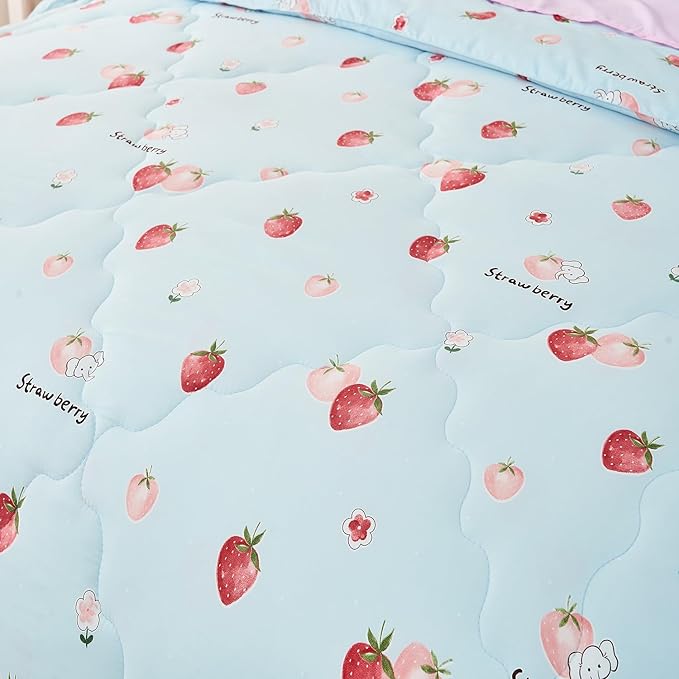 Wajade Kids Strawberry Comforter Set Bed in A Bag Full Size 7 Piece Blue 3D Cute Strawberry Fruit Bedding Set for Girls Boys (1 Comforter, 1 Flat Sheet, 1 Fitted Sheet, 2 Pillowcase and 2 Pillow Sham)
