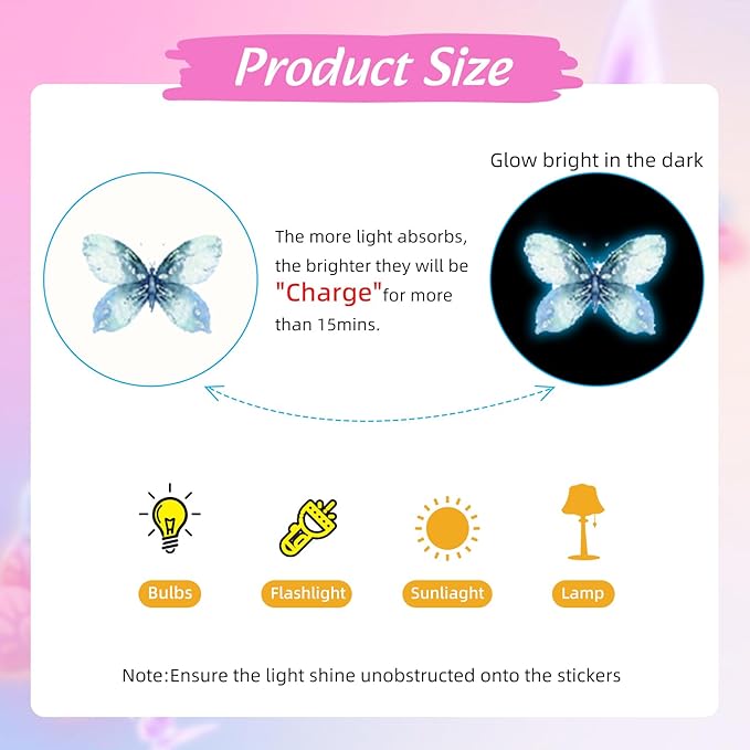 NICENEEDED 3 Sheets Glow in The Dark Butterfly Wall Decal, Glowing Luminous Small Butterfly Wall Stickers, Removable Self-Adhesive Ceiling Sticker Decals for Bedroom Decoration