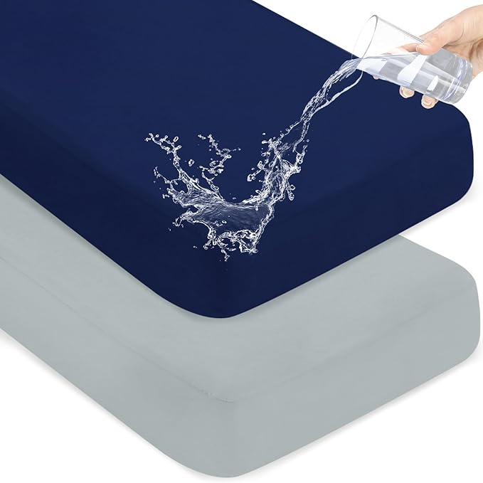 Waterproof Crib Sheets for Boys 2 Pack, Fitted Baby Crib Sheet Neutral 52" x 28" for Standard Crib and Toddler Bed Mattress, Soft and Breathable Kid Toddler Sheets for Boys or Girls, Grey & Navy
