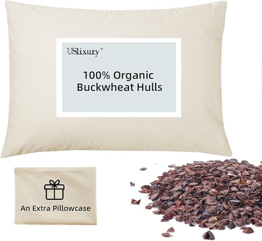 USlixury Buckwheat Pillow with Organic Pillowcase - Adjustable Buckwheat Hull Pillow, Buckwheat Pillows for Sleeping with Firm Support, Buckwheat Neck Pillow for Side Back Sleepers, 15"x19", Beige