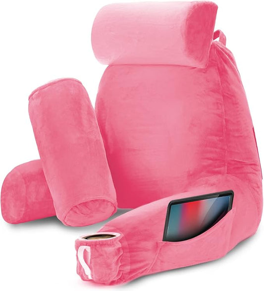 Nestl Reading Pillow Large Bed Pillow, Back Pillow for Sitting in Bed Shredded Memory Foam Chair Pillow, Reading & Bed Rest Pillows Light Pink Back Pillow for Bed, Bed Chair Arm Pillow with Pockets