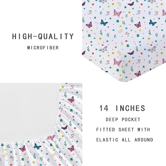 Girls Butterfly Fitted Sheet Set for Kids Teens Colorful Flowers Bed Sheet Queen Size 3D Print Dreaming Style Sheet Set 3 Piece