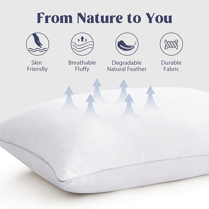 puredown® Goose Feather Bed Pillow with 100% Cotton Cover, 1 Pack, Queen Size Hotel Collection Pillow for Sleeping with Silver Piping