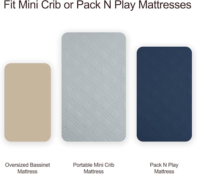 Waterproof Mini Crib Mattress Protector 2 Pack, Ultra Soft Breathable Mini Crib Mattress Pad Cover for Boys, Fit Pack N Play, Playard and Mini Crib Mattresses, Grey & Navy Blue