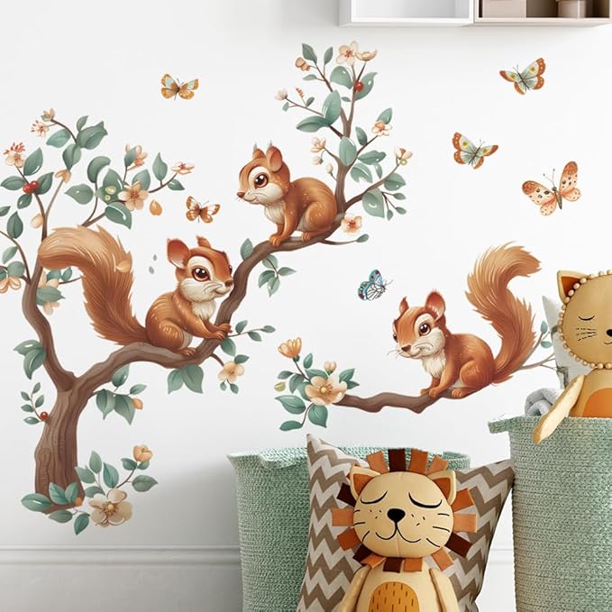 Squirrel Wall Decals Tree Branch Butterfly Wall Stickers Peel and Stick Wall Art Decals for Nursery Classroom Bedroom Office Living Room Decor (Squirrel)