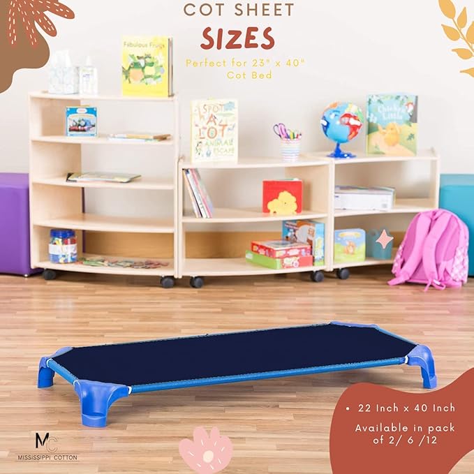 Pack of 24 Cot Sheet for Daycare Preschool Cot Bed -Polyblend Fabric with Corner Elastic Cots Sheets Fits On 22" X 40" Inches Size Toddler and Preschool Daycare Cot Navy Blue 22 X 40 Size
