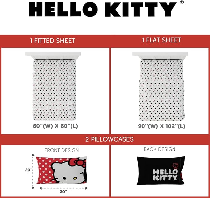 Franco Collectibles Hello Kitty Polka Dot Bedding Super Soft Microfiber 4 Piece Queen Sheet Set, (Officially Licensed Product)