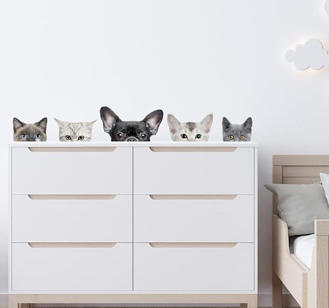 Funny Cats Wall Art Stickers Realistic Hidden Cats Wall Decals Peel Stick, Removable Vinyl Cat Head Stickers Gifts for Kids Friends Playroom Bathroom Bedroom Wall Art Decoration