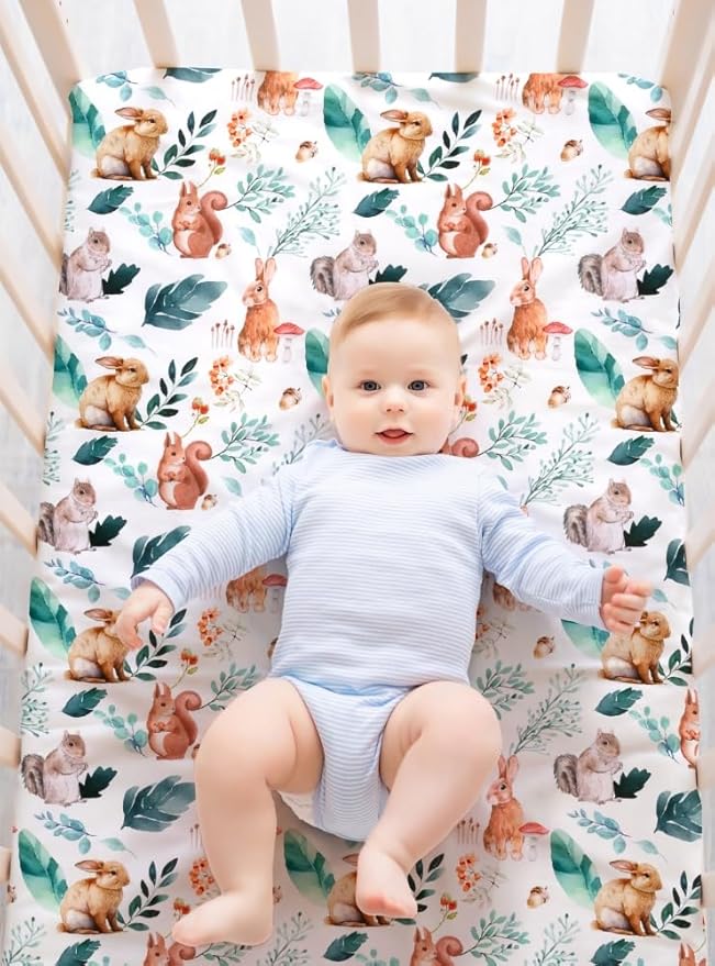 4 Pack Woodland Forest Animals Wood Neutral Unisex Fitted Baby Crib Sheets Set for Baby Boys or Girls (Raccoon, 52 * 28)