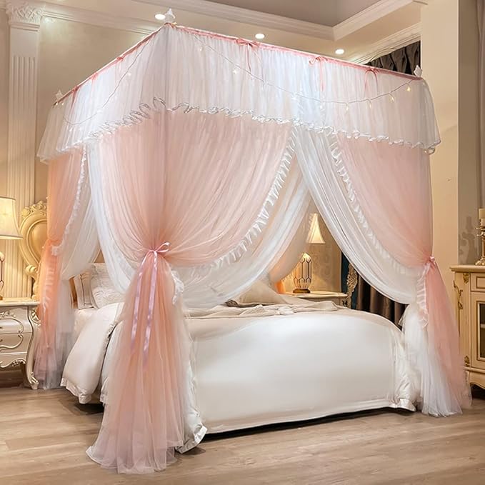 Mengersi Canopy Bed Curtains with Lights,4 Corner Bed Canopy Royal Luxurious Bed Drapes Netting,Princess Bed Curtains for Girls Adults Bedroom Decoration (Peach, Twin)